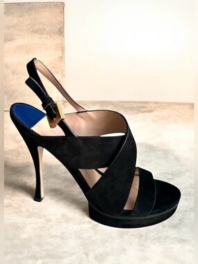 Stuart Weitzman Hester Platform Sandals Black Suede Slingback Heels Women’s